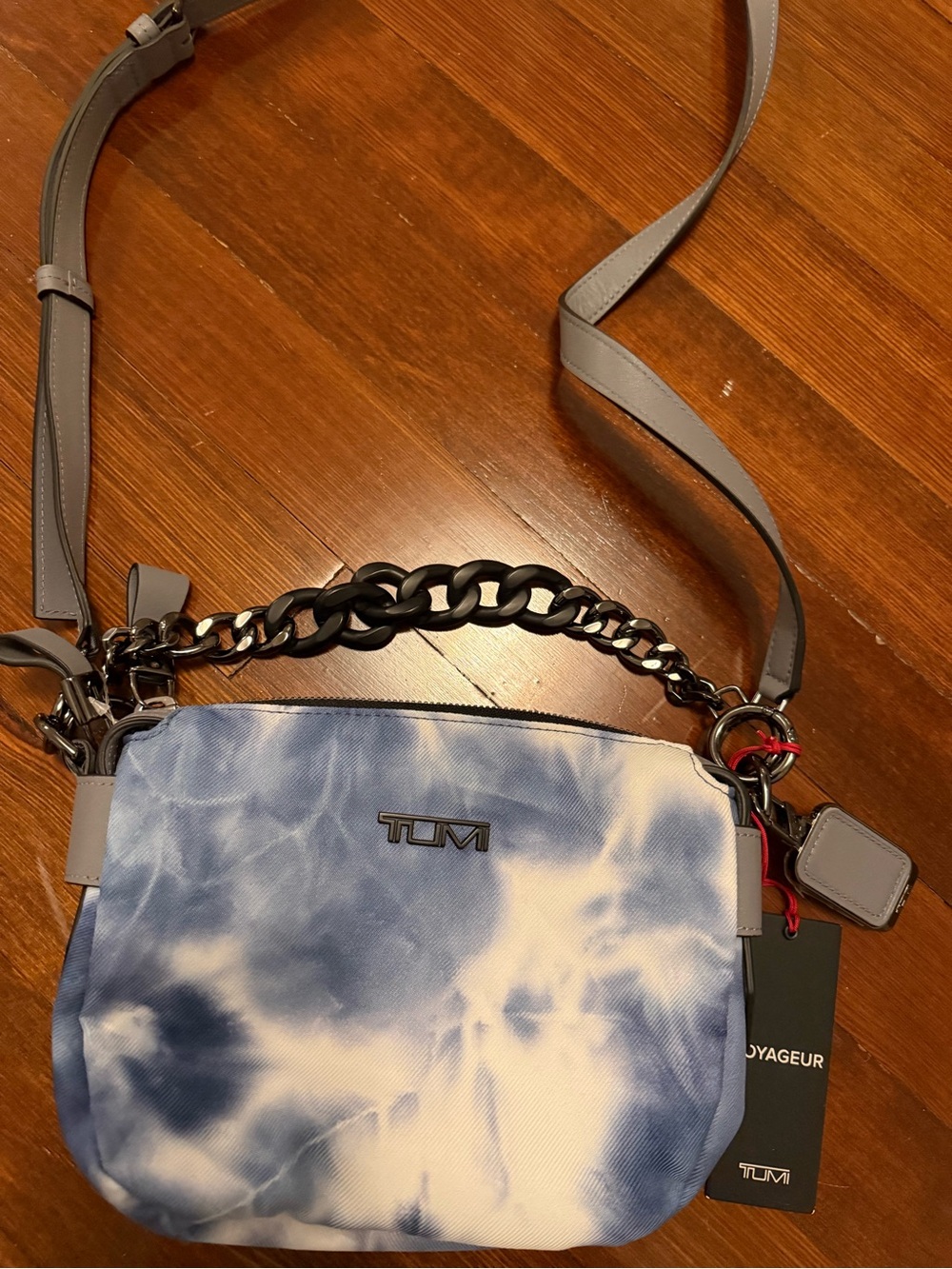 Tumi Women's Soller Blue and White Tie-Dye Crossbody with Chain Detail